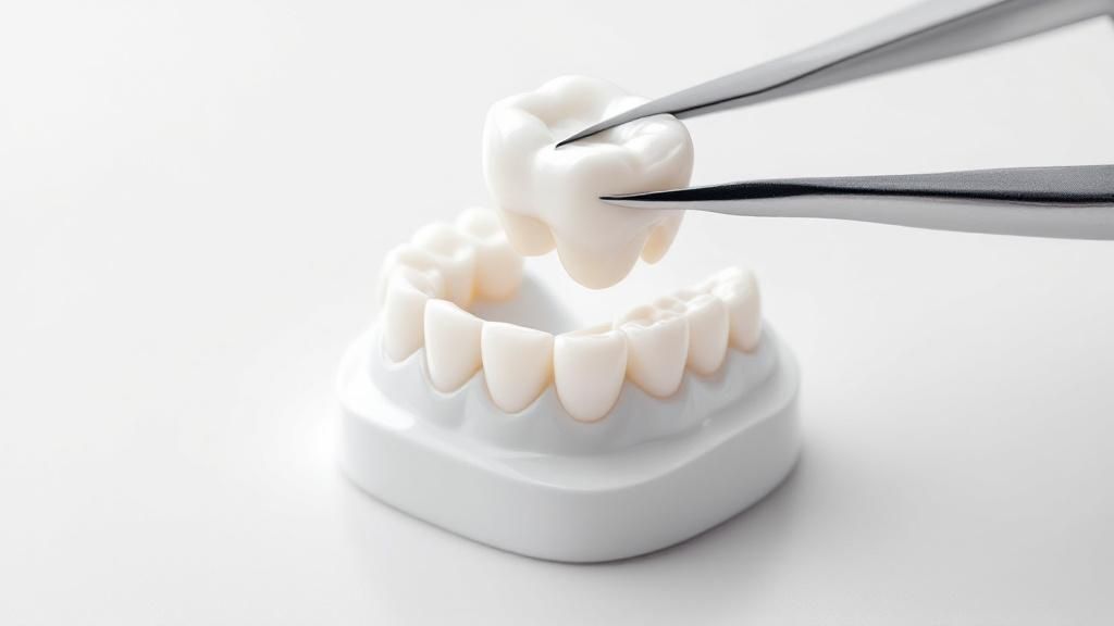Dental crown held with tweezers above a model of teeth showing crown placement