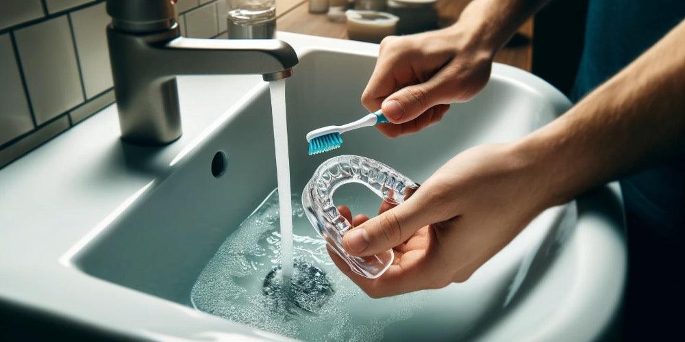 Person cleaning a clear dental night guard with a toothbrush under running water in a bathroom sink.